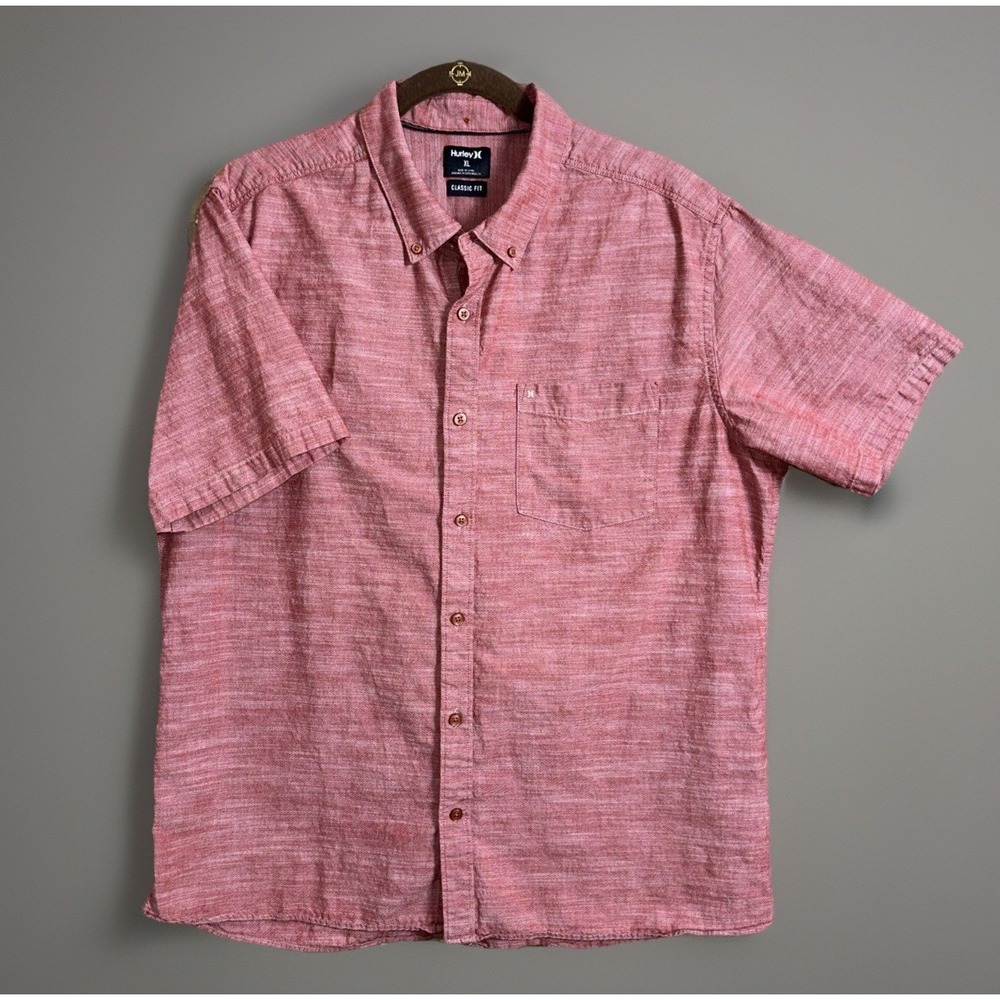 Hurley Classic Fit Mens XL Short Sleeve Button Front Red Chambray Shirt Heather